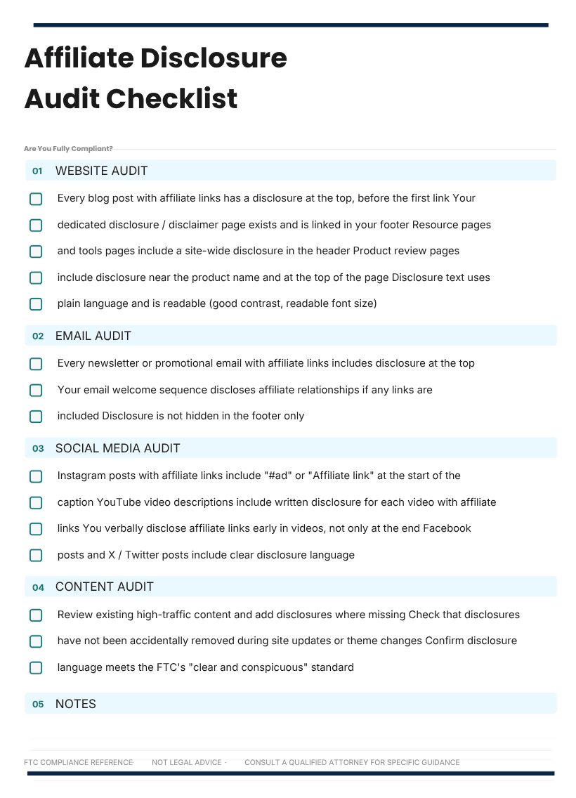 Affiliate Disclosure Requirements: Stay Legal While Earning Commissions Affiliate Disclosure Audit Checklist