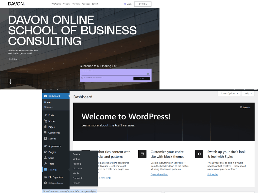 WordPress for Beginners: Complete Setup Guide for Business Owners (2026) A Finished Homepage and WordPress Dashboard
