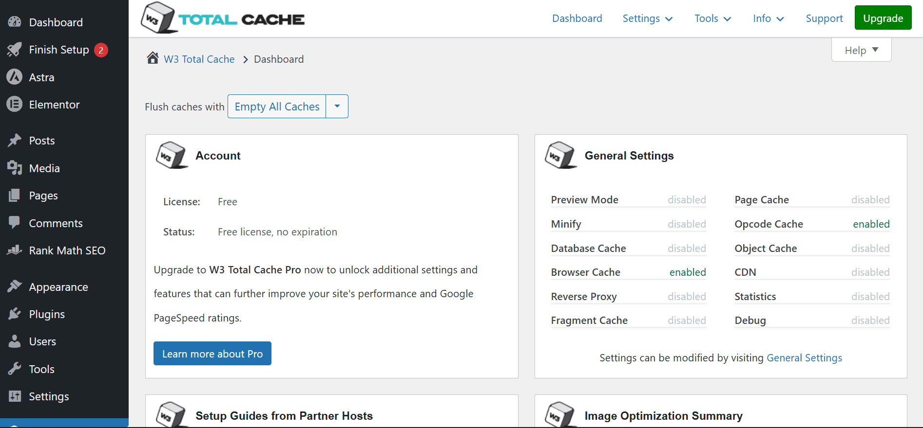 WP Rocket Settings Panel Showing The Page Cache And Preload Options