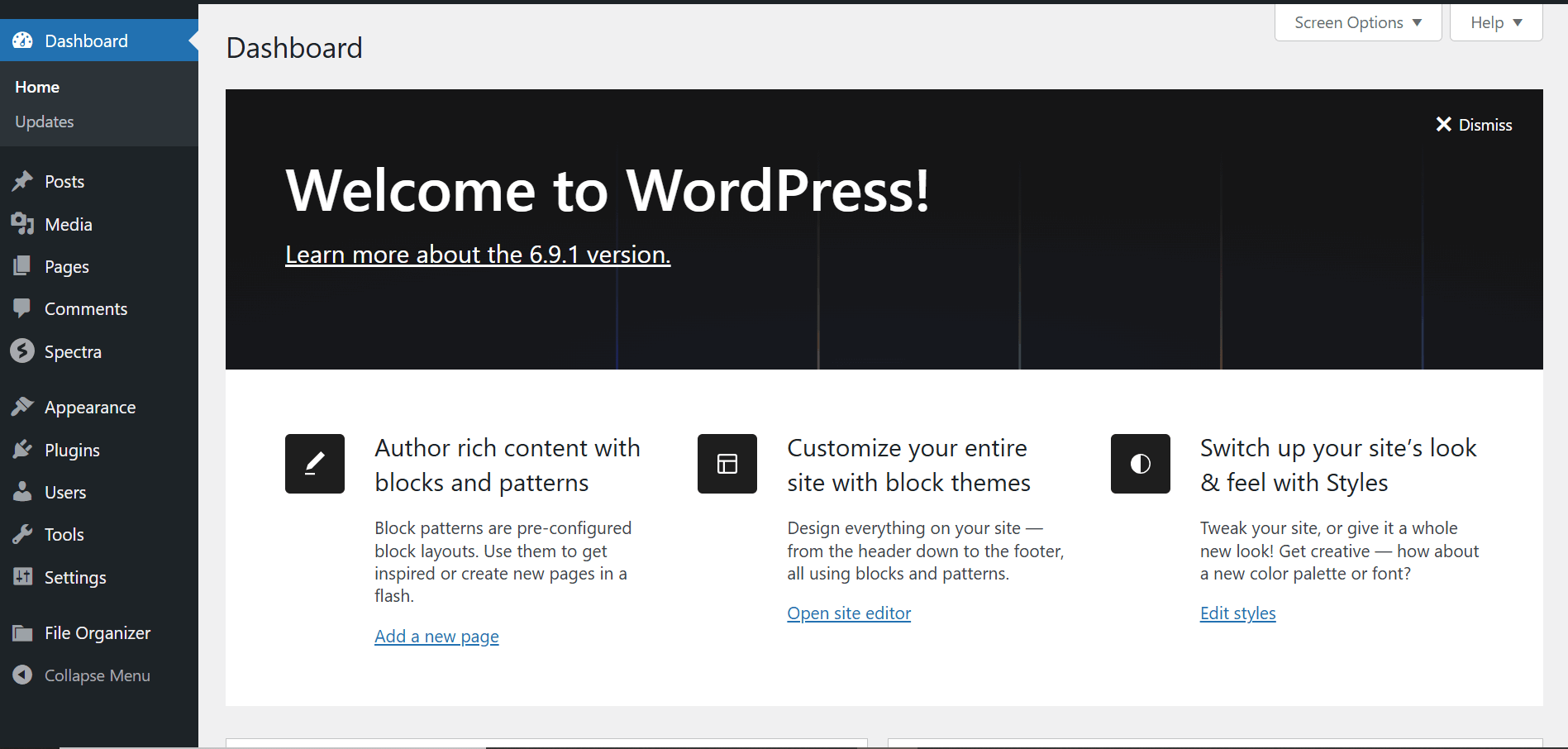 WordPress DashBoard Welcome Screen