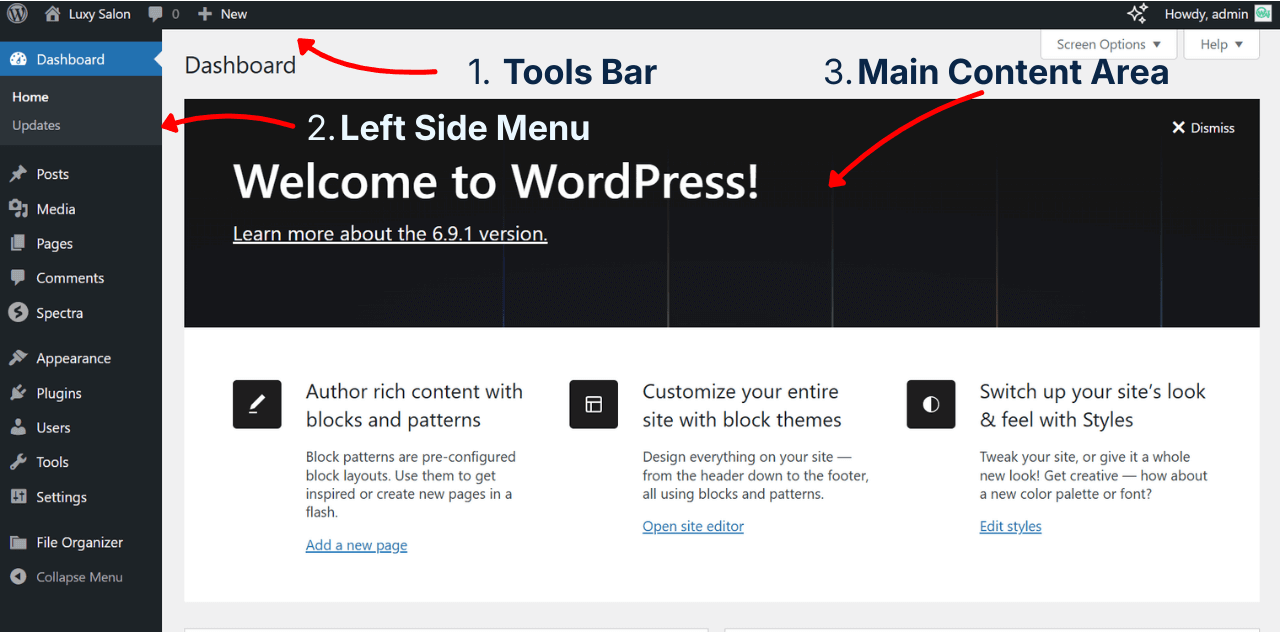 WordPress Dashboard Major Areas