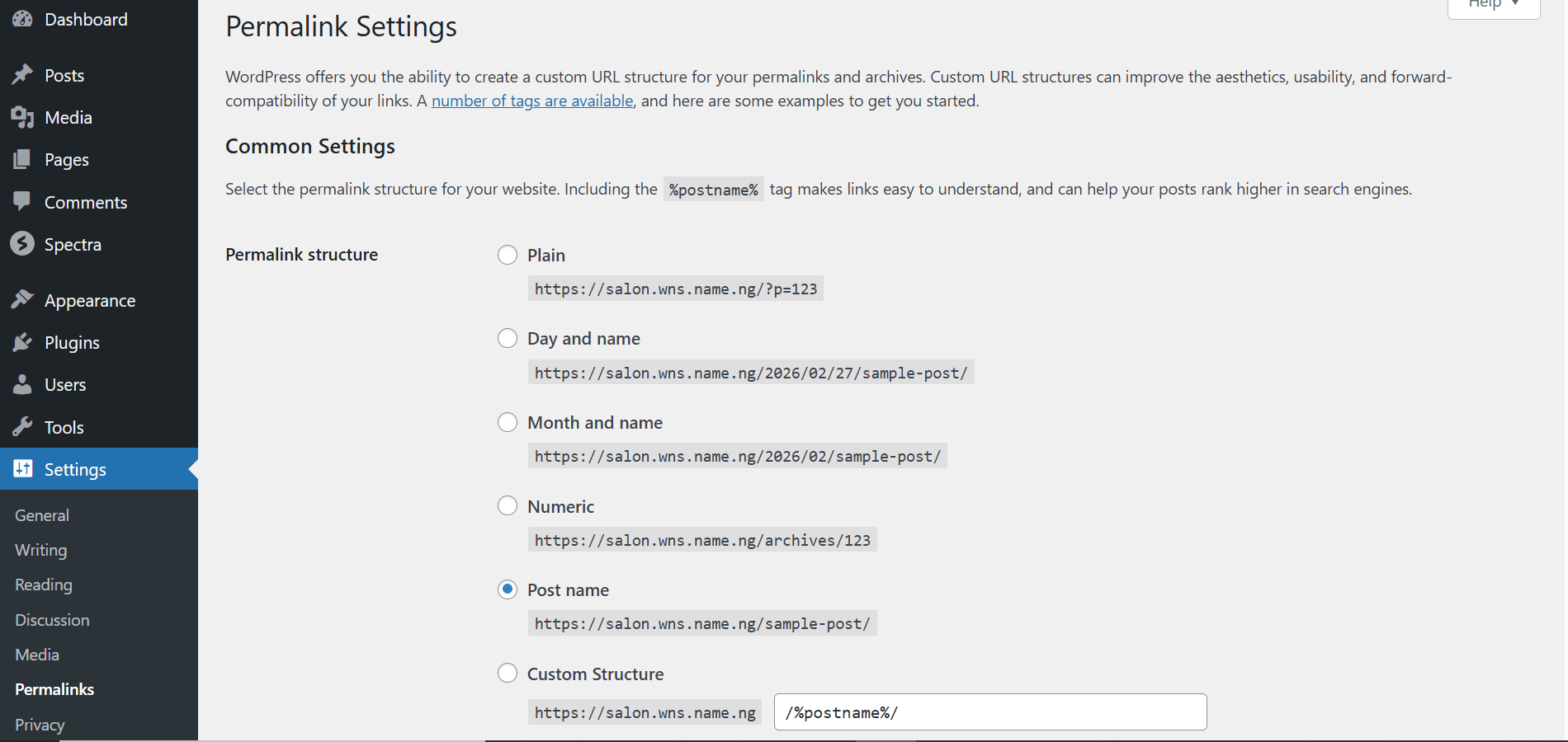 WordPress Settings Permalink Page