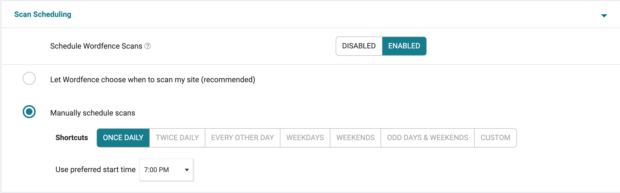 Wordfence Scan Scheduler Settings Panel