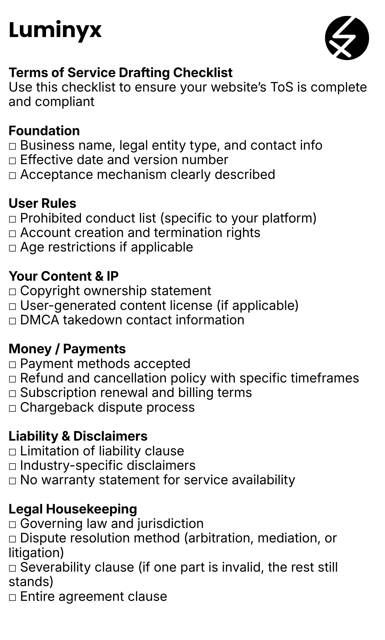 Terms of Service Explained: Protect Your Online Business Legally Drafting Checklist Formatted As A Clean Printable One-page PDF-Style Graphic With Checkboxes Beside Each Item