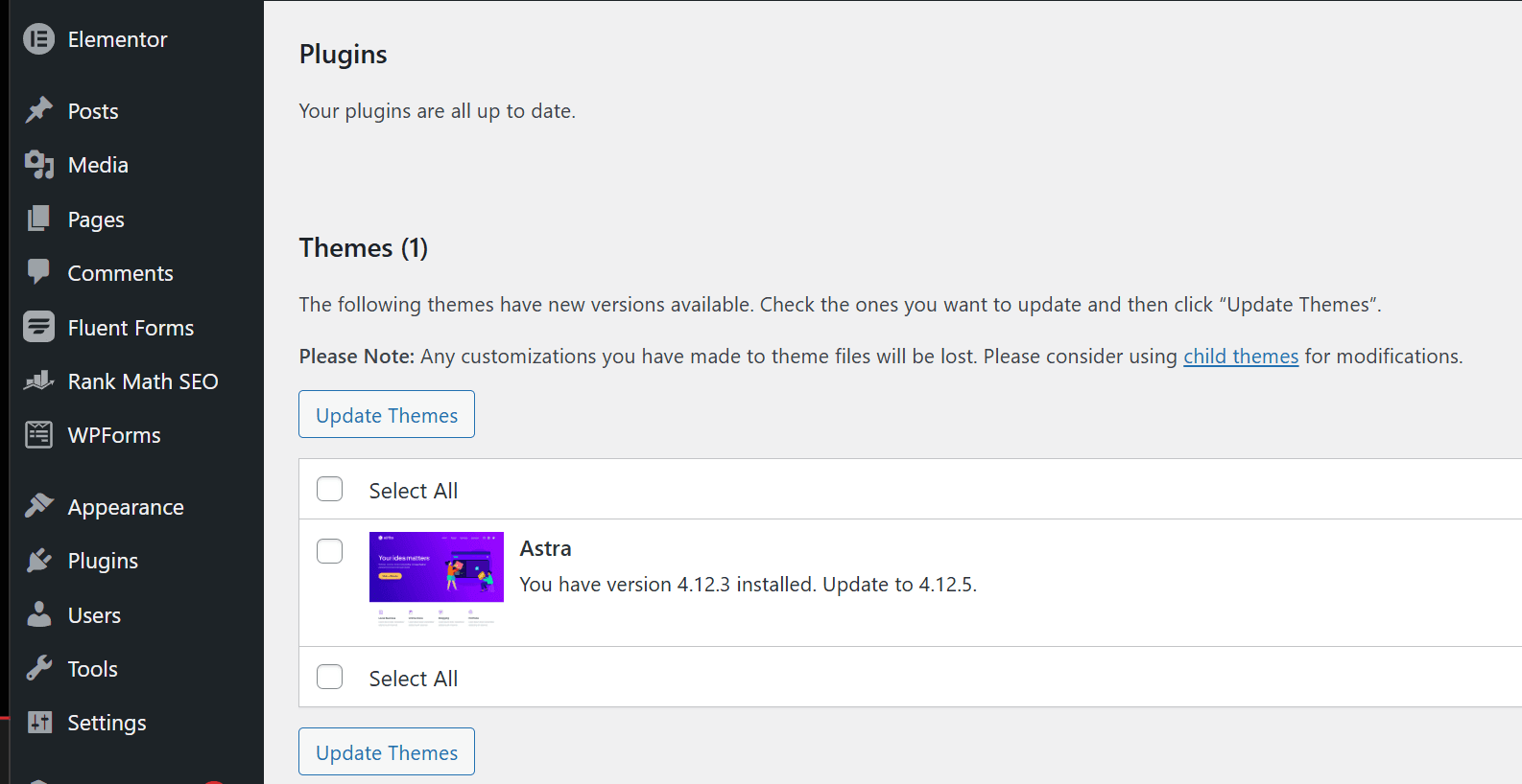WordPress Dashboard Updates Screen Showing Pending Updates