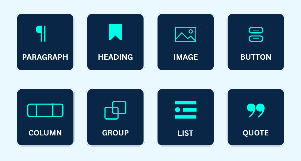 Gutenberg Block Editor Guide: Master WordPress Content Creation Graphic Showing 8 Core Block Icon