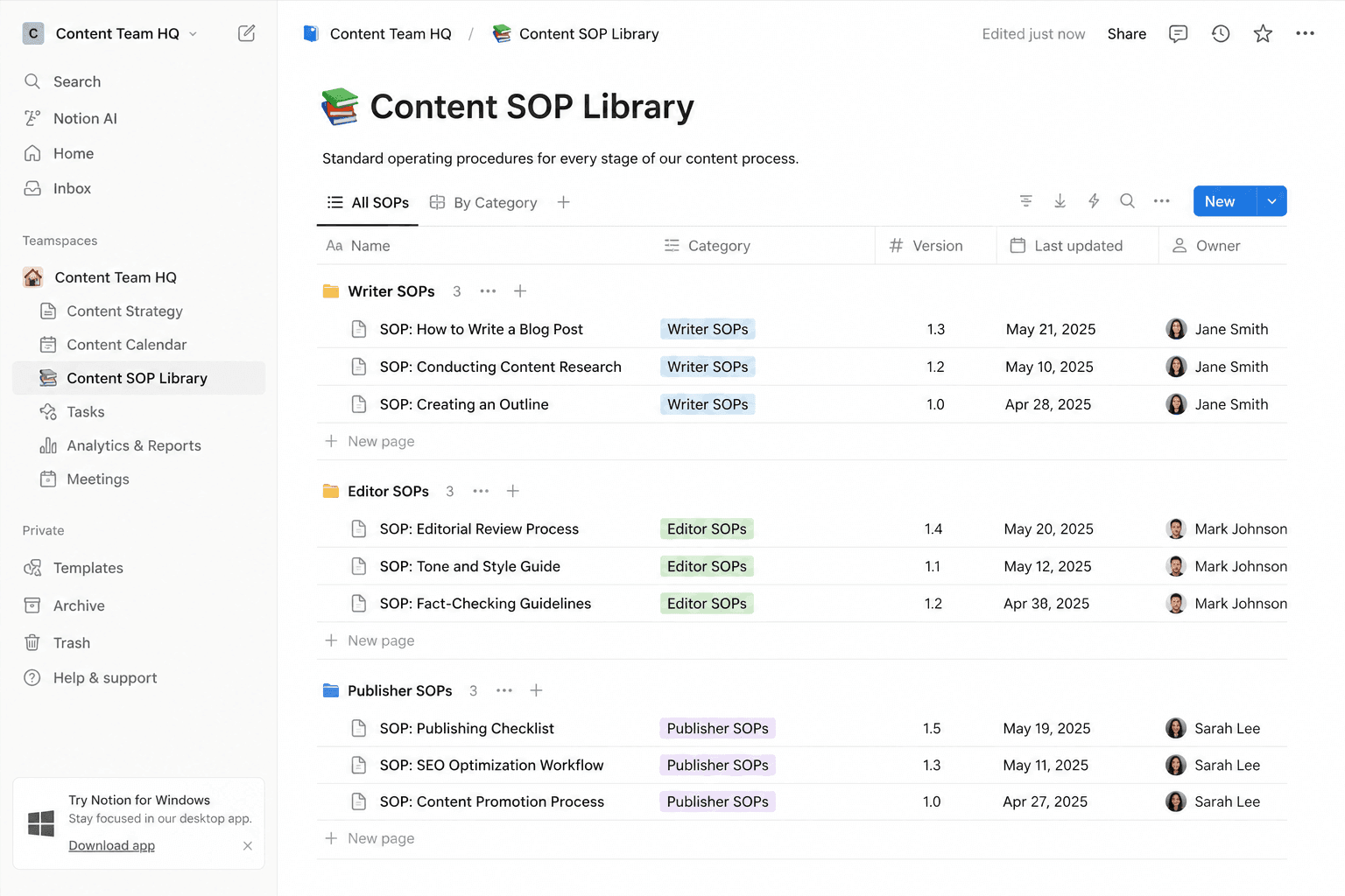 Notion Workspace Showing a Content SOP 